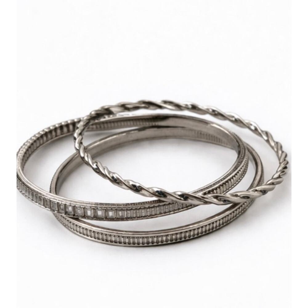 Silver Tone Bangle Bracelet Set Stack Textured Minimal Boho Jewelry